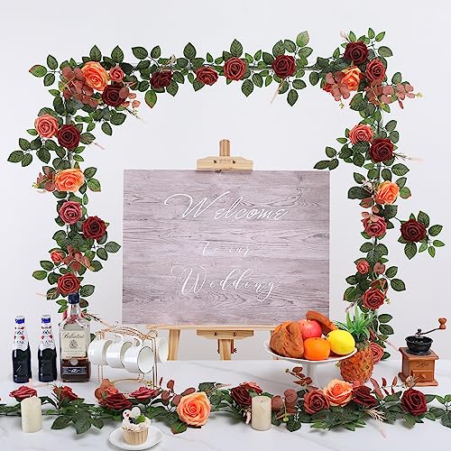 Senseya 5FT Artificial Rose Flower Garland - Terracotta Fake Floral Vine with Rose Leaves, Runner Rustic Flower Garland for Wedding Arch Backdrop, Table Runner Centerpieces, Party Home Mantel Decor - color: Sunset Terracotta