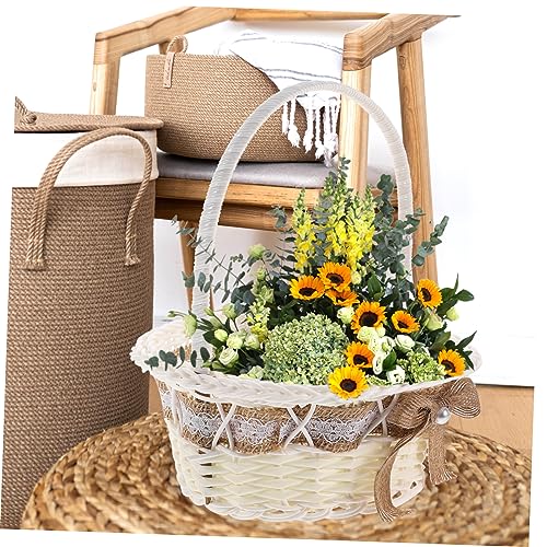 Flower Girl Basket for Wedding Rustic Handle Basket with Lace Design Hand-Woven Imitation Rattan Petal Holder for Ceremony Party Decor Photo Prop 8.26 X 7.08 X 7.08 in 1 Pc
