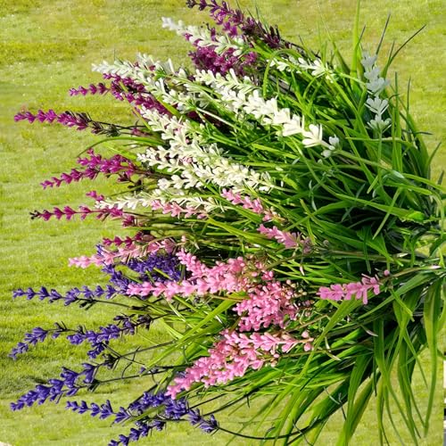 Artificial Faux Plants Flowers for Outdoor Decorations,Faux Plastic Fake Monkey Grass Greenery for Spring Summer UV Resistant Artificial Shrubs for Courtyard Window Garden(B-Fuchsia, 12 PCS) - color: B-fuchsia