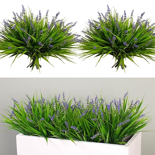 alyptus Artificial Flowers for Outdoors 24 Bundles Fake Monkey Grass Plants Outdoor Plastic Purple Flower Outside Green Leaf Decoration for Patio Pot Décor (24 Bundle Purple Flowers) - color: Purple Flowers