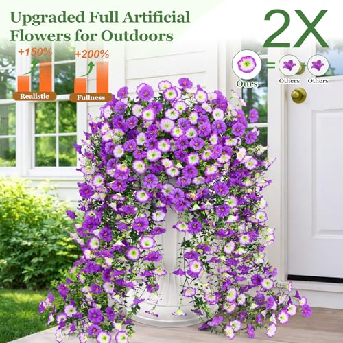 Artificial Hanging Flowers for Outdoors, Fake Hanging Flowers for Decoration, UV Resistant Artificial Outdoor Plants, 4 Pcs Morning Glory for Outdoors Garden Patio Porch Yard Decor, Purple&Purple Edge - color: Purple&purple Edge, size: 4 Pack