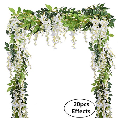DearHouse 4Pcs 6.6Ft/Piece Artificial Flowers Silk Wisteria Garland Artificial Wisteria Vine Rattan Silk Hanging Flower for Home Garden Outdoor Ceremony Wedding Arch Floral Decor (White) - color: White