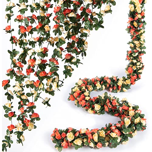 PONKING 8 Pcs x 8.2 ft Flower Garland Artificial Rose Vine Flowers with Green Leaves Hanging Fake Roses Vine for Room Party Home Wedding Birthday Christmas Wall Arch Decor, Champagne Flower - color: Spring-champagne-8pcs, size: 8 Vines 66FT
