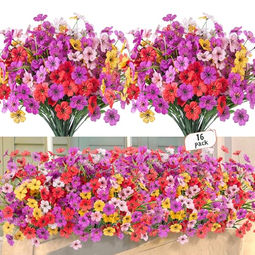 Ammyoo 16 Pcs Artificial Fake Flowers for Outdoor Spring Decoration, Faux Silk Flowers No Fade Uv Resistant Daisy Flower Plants for Outdoor Planters Garden Yard Porch Patio Balcony Pathway Decor (Mix) - color: Multicolor（red, White, Pink, Yellow, Purple）
