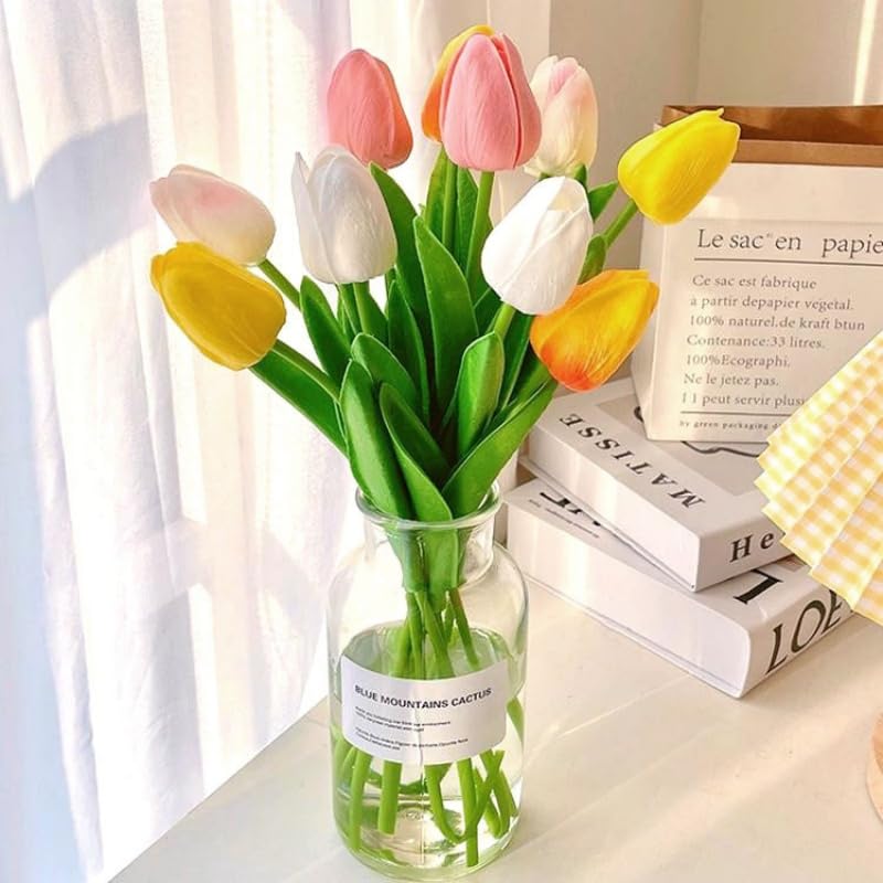 Artificial Flowers Tulips Fake Flowers Real Touch Latex Tulips Faux Flowers Bouquet for Wedding Party Arrangements Home Decor and Baby Shower Centerpieces (10, Mixed Color) - color: Mixed Color