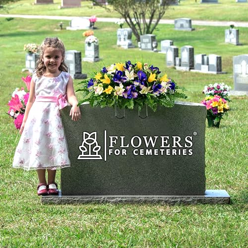 Sympathy Silks Artificial Cemetery Flowers - Grave Decoration - Yellow Tulip and Purple Iris (1) Headstone Saddle - color: Yellow/Purple, size: (1) Saddle
