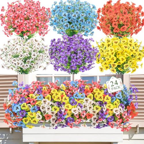 MACTING 24 Bundles Artificial Flowers for Outdoors UV Resistant Fake Outdoor Pansies Plants Plastic Flowers for Planters Window Front Door Porch Yard Patio Garden Home Summer Decorations(Mix Color) - color: Mix Color, size: 24 PCS