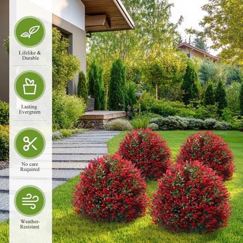 Lunmon 2 Pack 24" Artificial Topiary Ball Plants Trees with Flowers, Outdoor Fake Topiary Plants with Ground Spike, UV Resistant Faux Bushes for Indoor Outdoor Front Door Decor - color: Red, style: Lavender