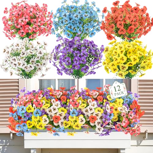 MACTING 12 Bundles Artificial Flowers for Outdoors UV Resistant Fake Pansies Outdoor Plants Plastic Flowers for Planters Window Box Front Door Porch Yard Patio Garden Summer Decorations(Mix Color) - color: Mix Color, size: 12 PCS