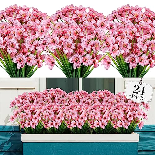 AGIRL 24 Bundles Artificial Flowers for Outdoor,No Fade Fake Plastic Flowers Faux Plants for Decoration Hanging Planters Indoor Outside Garden Porch Window Box Home Wedding Farmhouse - color: Pink, size: 24