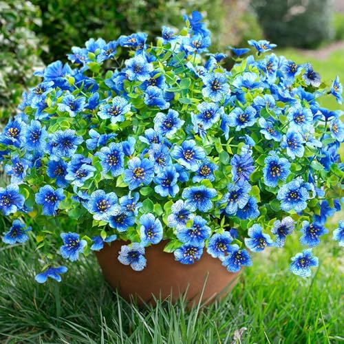 florisso Artificial Flowers for Outdoors Daisy 12 Bundles for Home Decoration, Faux Flower Fake Plants Outside Decoration with Eucalyptus UV Resistant for Planter Porch Patio Yard Garden Blue - color: Blue