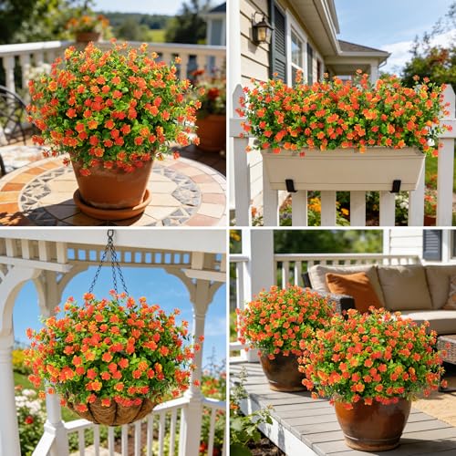 Ouddy Decor 24 Bundles Artificial Flowers for Outdoors Decoration Fake Flowers UV Resistant Faux Plastic Greenery Eucalyptus Plants for Spring Summer Garden Patio Indoor Outdoor Home Decor, Orange - color: Orange