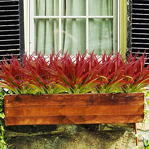 16Pcs Artificial Grass Fake Plants 17.3in Outdoor Plants UV Resistant Greenery Stems Fake Grass for Home Window Garden Office Patio Pathway Front Porch Décor Light Green & Red - color: Light Red &Green, size: 16 Pcs