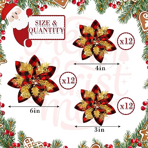 Geosar 36 Pcs Christmas Glitter Artificial Poinsettia Flowers Xmas Poinsettia Artificial Wedding Flowers Decorations Xmas Tree Ornaments with Clips for Party, 6 Inch, 4 Inch, 3 Inch(Red, Black, Gold) - color: Red, Black, Gold