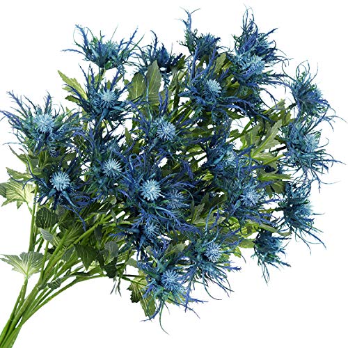 FiveSeasonStuff Real Size Artificial Thistle Flowers Real Touch 8 Stems Rustic Blue Thistle Decor Spray Eryngium | Sea Holly for Wedding Bouquet Centerpiece 26 inches - color: Rustic Blue