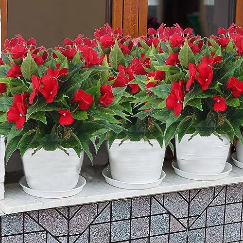 2 Pcs Artificial Impatiens Flowers for Outdoors Faux Impatiens Bushes Red Silk Flowers Greenery Faux Flowers for Outdoor Planters Patio Lawn Garden Balcony Pot Hanging Basket Porch Decoration - color: Red
