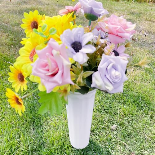 Memorial Floral Vases, Cemetery Vase, Headstones Flower Holder, Grave Cone Vase, Flower Pots for Outdoor Plants, Decorative Plastic Containers (Set of 6, White) - color: White