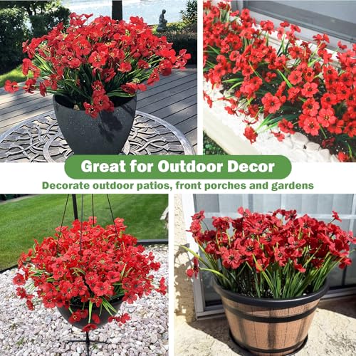 Nepfaivy Artificial Flowers for Outdoors Red - 24 Bundles UV-Resistant Fake Flowers No Fade for Outside, Realistic Plastic Plants and Faux Silk Flowers for Planters, Front Porch, Garden Decoration - color: Red