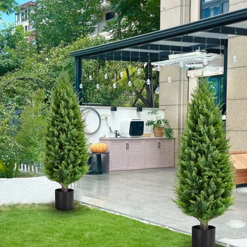 Artificial Topiary Tree 2-Set - 4 Feet Tall UV Protected Faux Cedar Pines - Outdoor & Indoor Decor - Heavy Duty Pots - Realistic Fake Tree - Artificial Plants Outdoor - size: 48in