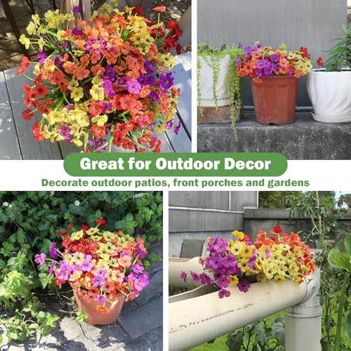 Nepfaivy Artificial Flowers for Outdoors Uv-Resistant - 24 Bundles 4 Colors No-Fade Faux Flowers for Outdoor Planters to Decor Patio Porch Garden Yard, Silk Realistic Faux Outside Flowers Bulk - color: Purple Yellow Red Tangerine 24pcs