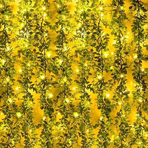 Dolicer 2 Packs Eucalyptus Garland with LED Lights String, 12FT Faux Eucalyptus Greenery Garland, Artificial Hanging Green Leaves Vine Wedding Backdrop Arch Wall Table Decor (Green) - color: Green With Light, size: 2 Packs