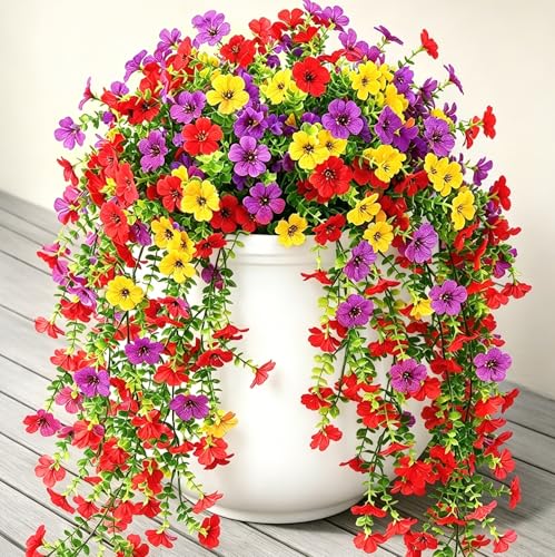 Zythrem 10Pcs Artificial Hanging Flowers for Outdoors, Faux Flowers for Outdoor Planters UV Resistant Floral Trailing Vine for Outside Front Door Balcony Patio Yard Decor - color: Colorful