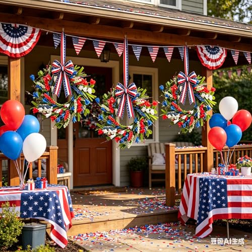 6 Pcs Small 4th of July Hanging Wreaths for Cabinets Patriotic Mini Candle Ring Wreath with Red White Blue Flowers Artificial Independence Day Wreath for Front Door Window Porch Wall Table Centerpiece - color: Patriotic-11