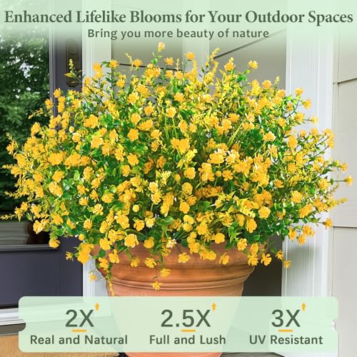 Yastouay Artificial Flowers for Outdoors UV Resistant, 9 Bundles Yellow Realistic Outdoor Artificial Plants & Flowers, Fake Outdoor Flowers Plants for Front Porch Window Box Garden Decoration - color: Yellow, size: 9 Bundles