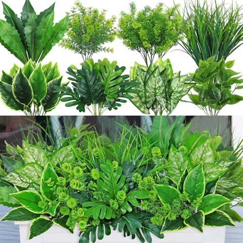 Dremisland 18 Bundles Artificial Plants Outdoor UV Resistant Fake Plants Faux Greenery Stems Fake Shrubs Plants for Patio Garden Window Box Indoor Outside Home Decor - color: Green