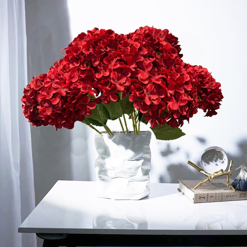 8pcs Red Hydrangea Artificial Flowers 27.58" Large Realistic Single Long Stem Faux Silk Hydrangeas Bouquets Flower Arrangements Home Office Decor Wedding Centerpieces DIY - color: Red
