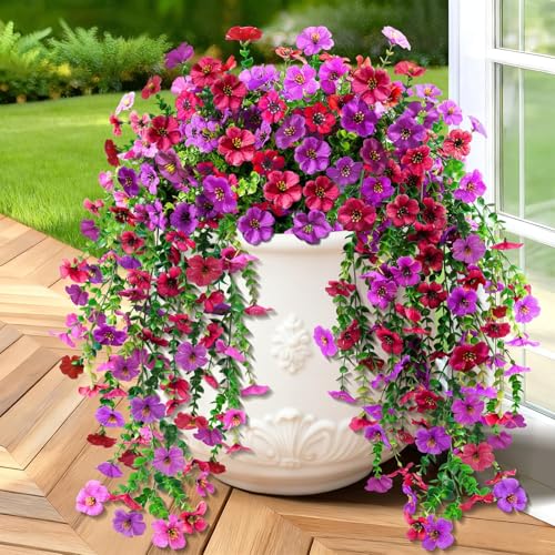 BlessedSeason 2 Pcs Artificial Hanging Flowers, UV Resistant Fake Flowers with Flexible Stems, Full Bundle Faux Flowers for Outdoor Planters, Zero Maintenance for Patio, Garden, Balcony, Red Purple - color: Red Purple, size: 2 PCS