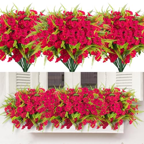 Artificial Flowers for Outdoors 12 Bundles Artificial Petunias Fake Flowers UV Resistant Shrubs Plants with Fern for Indoor Outside Hanging Planters Home Garden Summer Decorations(Rose Red) - color: Rose Red