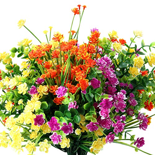WILLBOND 12 Bundles Artificial Flowers Outdoor, UV Resistant Faux Artificial Plants Shrubs Plastic Flower Bulk for Hanging Planter Porch Window Home Spring Summer Decor(Yellow, Orange, Fuchsia) - color: Yellow, Orange, Fuchsia