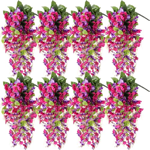 XunYee 8 Pcs Artificial Hibiscus Flowers for Outdoors Spring Summer Decor Fake Hanging Flowers Plants Uv-Resistant Faux Hibiscus Flower for Outside Porch Patio Front Door (Rose Red Purple) - color: Rose Red Purple