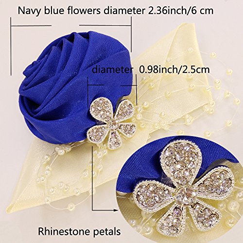 Arlai 2 pcs Rhinestone Leaves Pearl Decoration Hand Flower, Wedding Prom Party Satin Rose Wrist Corsage Flower - Dark Blue Artificial Flowers Party Wrist Accessory - color: Navy Blue (2pc Wrist Corsage)