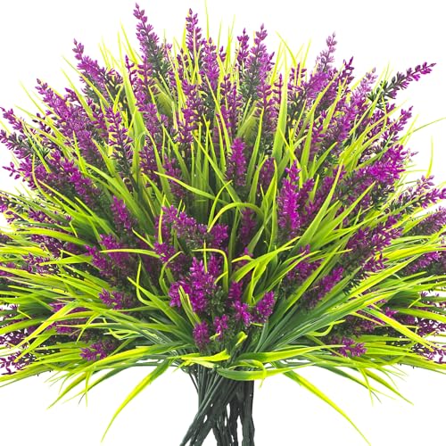 Grunyia 20 Bundles Artificial Plants Outdoor Fake Monkey Grass with Flowers (Fuchsia) - color: Fuchsia