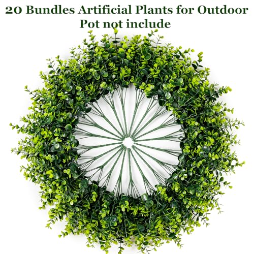 20 Bundles Artificial Plants for Outdoor Fake Plants for Spring Decoration,Faux Eucalyptus Plants for Planter UV Resistant Lifelike for Home Porch Garden（Green） - color: Green