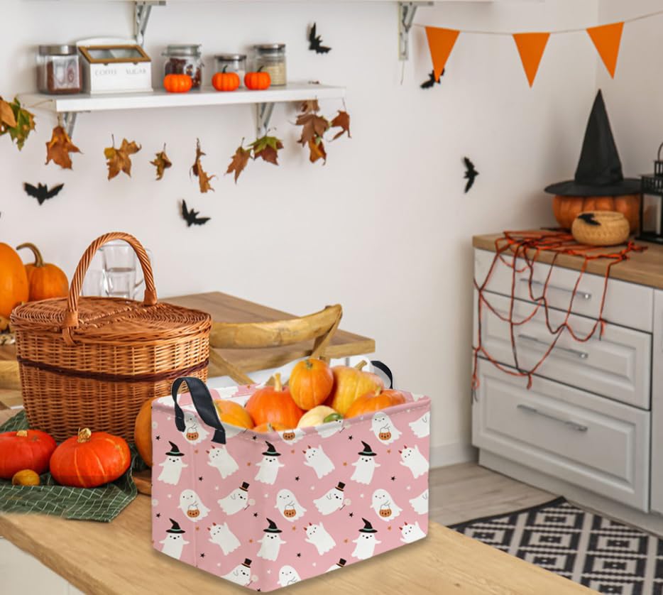 Rectangular Kids Basket,Halloween Basket.Cute Baskets for Girls, Pink Baskets with Handles.Books Bins,Gifts Box. (Pink Halloween) - color: Pink Halloween