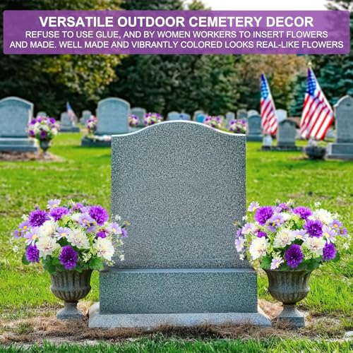 44 Heads Artificial Flowers for Outdoors, 4 Bunches 17 Inch Dahlia Daisies Mum Fake Plants UV Resistant Faux Flowers Bouquet Cemetery Flowers for Grave Outside Indoor Home Spring Summer Decor (Purple) - color: Purple