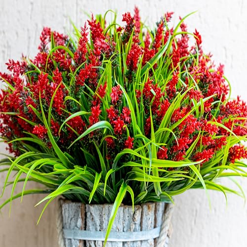 AXYLEX Artificial Flowers for Outdoors Plants - 20 Bundles Fake Lavender Plastic Faux Monkey Grass UV Resistant for Home Decorations (20, Red) - color: Red