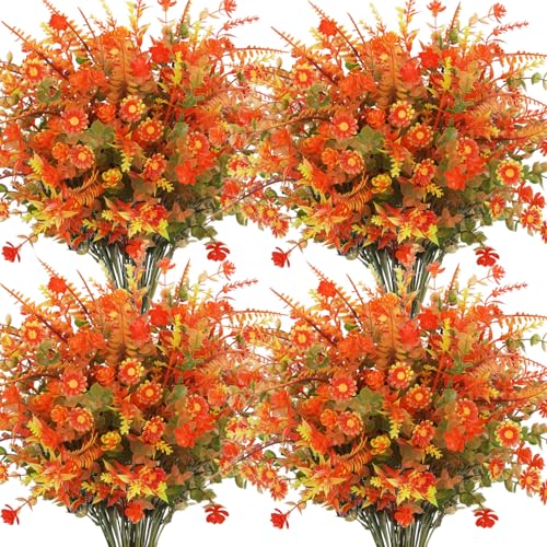 20 Bundles Artificial Fall Flowers for Outdoor Decoration, Fake Mums Faux Plastic Flowers Plants UV Resistant Boston Fern for Planters Window Box Porch Garden Patio Autumn Home Decor - color: Orange Red