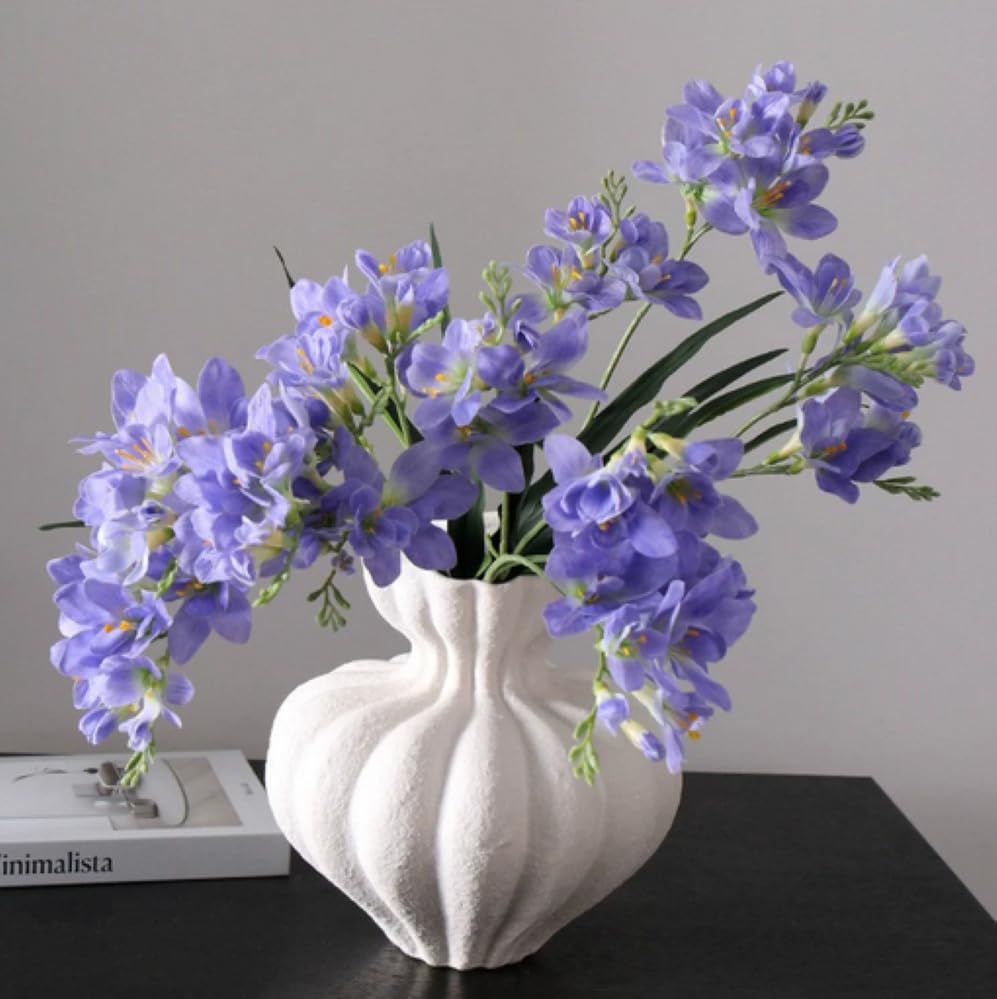 4pcs Freesias Flowers Artificial with Long Stem,24"Real Touch Dendrobium Plants Fake Orchid Leaves,Faux Larkspur Flowers for Outdoor Table Garden Party Wedding Bouquet Fillers,Patio Decor (Blue) - color: Blue