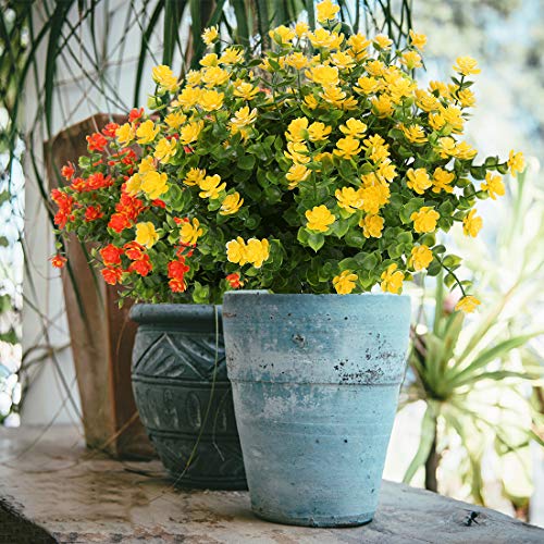 6 Bundles Artificial Flowers, Fake Artificial Greenery UV Resistant No Fade Faux Plastic Plants for Wedding Bridle Bouquet Indoor Outdoor Home Garden Kitchen Office Table Vase (Yellow) - color: Yellow