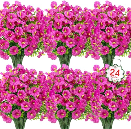 Ouddy Decor 24 Bundles Artificial Flowers for Outdoors Decoration Fake Silk Morning Glory Flowers Faux Eucalyptus Plants UV Resistant for Porch Patio Garden Spring Summer Home Decor, Fuchsia - color: Fuchsia