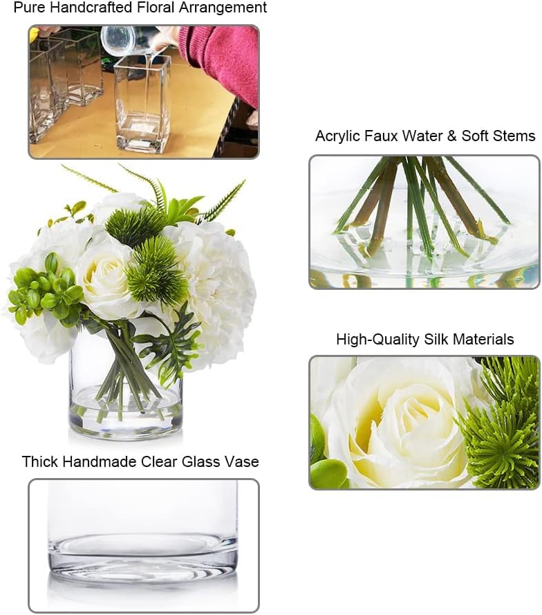 ENOVA FLORAL Artificial Rose Flowers in Vase, Mixed White Rose and Silk Peonies in Vase with Faux Water for Dining Table Centerpieces, Home Decor Indoor (FL-20-Cream) - color: Fl-20-cream