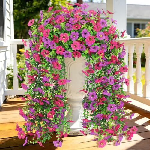 4 Pcs Artificial Hanging Flowers for Outdoor, Fake Silk Daisy Flowers Spring Summer Decoration UV Resistant Faux Plants for Planter Front Door Porch Patio Balcony Yard Decor, Purple Fuchsia - color: Purlple Fuchsia