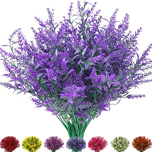 Outdoor Artificial Lavender Fake Flowers - 20 Bundles UV Resistant Outdoor Faux Plastic Flowers Plants Greenery Shrub for Indoor Outside Decoration(Purple) - color: Purple, size: 20 Bundles