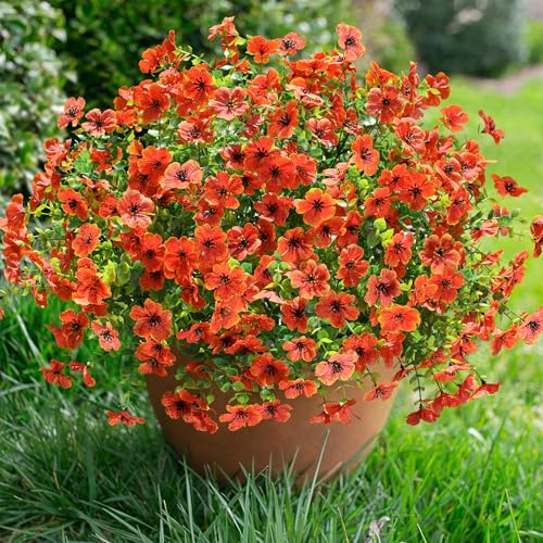 florisso Artificial Fake Fall Mums Flowers Plants for Outdoor Outside Decoration, 12 Bundles Faux Silk Orange Daisy UV Resistant Look Real for Autumn Front Door Porch Planter Patio Garden Home - color: Orange