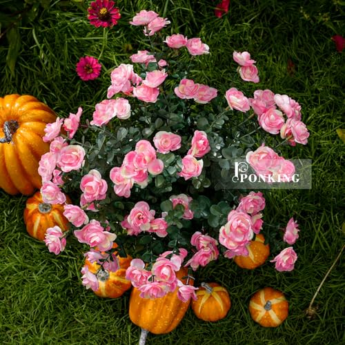 PONKING Artificial Flowers for Outdoors Patio Decoration 6 Bundles Fake Flower Rose UV Resistant Faux Plants Yard Garden Porch Home Boxwood Planter Patio Mothers Day Decor, Pink Flower - color: D Pink Rose 6pcs