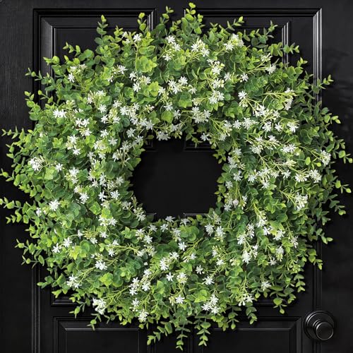 26" Artificial Eucalyptus Wreath with Baby's Breath for Front Door - Fake Eucalyptus Wreath, Spring Summer Faux Flowers Wreath for Porch, Farmhouse, Wall, Window, Home Decor (White-Green)